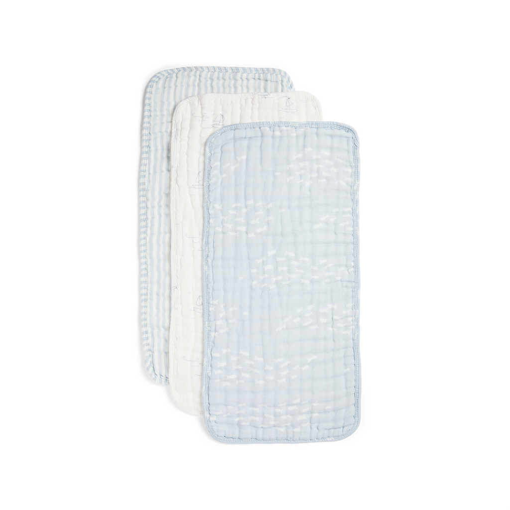 ORGANIC MUSLIN BURP CLOTHS, 3 PACK (POWDER BLUE + CREAM)